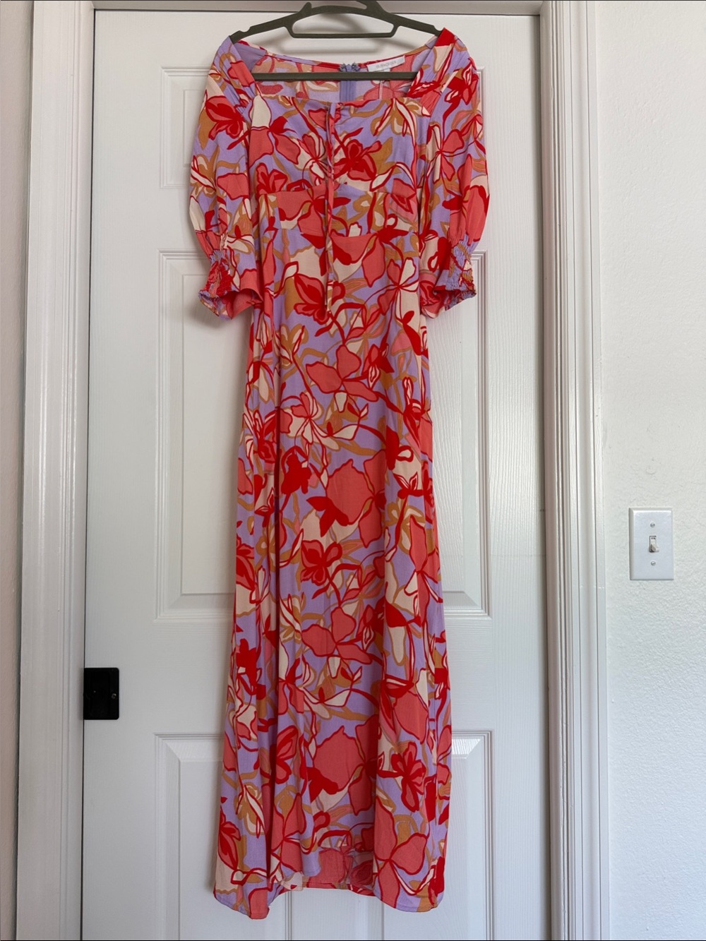 Olivaceous Lilac Maxi Dress with Red & Coral Floral Print